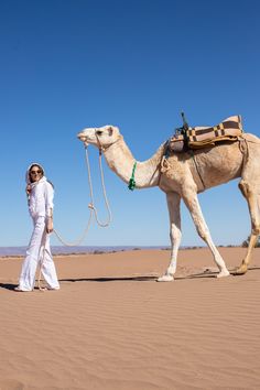 a man walking with a camel in the desert