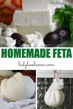 homemade feta cheese with olives and parsley on the side, in a collage