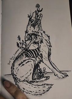 a drawing of a wolf sitting on top of a rock