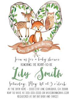 the woodland baby shower is shown with an owl, deer and heart on it's back