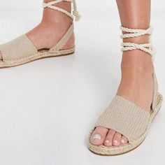 Asos June Tie Rope Espadrilles Comfortable Relaxed Material Great For Summer Selling Due To Getting The Wrong Size (Has Stretch) Trendy Ankle Strap Espadrilles For Vacation, Casual Ankle Strap Espadrilles For Beach Season, Beach Lace-up Adjustable Espadrilles, Adjustable Lace-up Espadrilles For Beach, Lace-up Espadrille Sandals For Vacation, Comfortable Lace-up Sandals For Spring, Casual Ankle Strap Espadrilles For Vacation, Lace-up Espadrilles For Spring And Summer, Adjustable Lace-up Espadrilles For Vacation