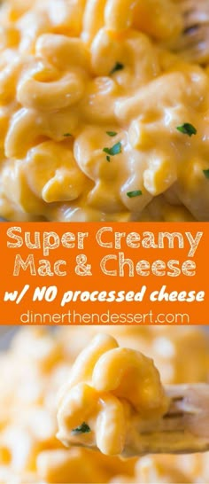 a spoon full of macaroni and cheese with the words super creamy mac & cheese