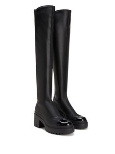 Luxury Calf Leather Knee-high Boots, Luxury Black Knee-high Boots, Luxury Black Calf Leather Knee-high Boots, Luxury Knee-high Boots, Designer Knee-high Boots For Workwear, Luxury Knee-high Boots With Reinforced Heel For Winter, Black Luxury Knee-high Boots For Fall, Luxury Black Knee-high Boots For Fall, Luxury Winter Knee-high Boots With Reinforced Heel