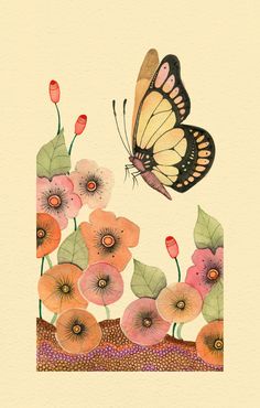 a painting of a butterfly flying over flowers