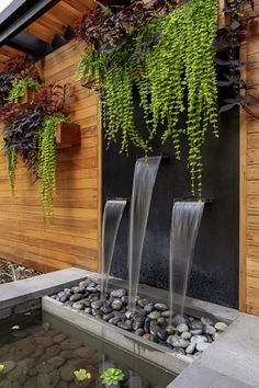 three water fountains in front of a wooden wall with plants hanging from it's sides