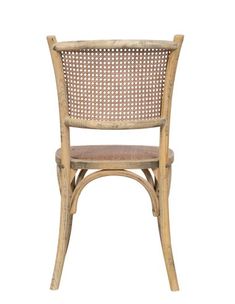 a wooden chair with wicker back and seat