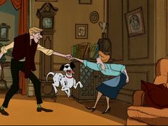 an animated image of a man and woman holding hands with a dog in front of them