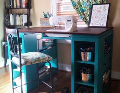 a desk with a chair and bookshelf in front of a window filled with books