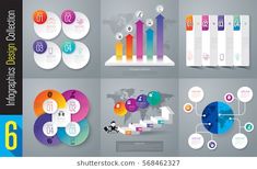 a set of six different info graphics with arrows and numbers on the grey background, eps file available