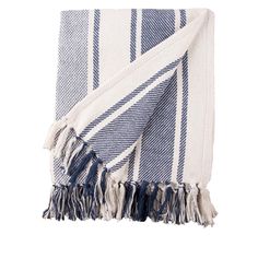 a blue and white striped towel with fringes