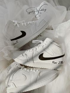 air jordan mid for bride and groom(its a couple bundle) Grooms Sneaker- 2 outter swooshes are painted in black, name and date Bride sneaker- Name and date Wedding Groom And Bride, Sneakers Wedding, Bride Sneakers, Air Jordan Mid, Jordan Mid, Groom And Bride, Wedding Sneakers, Couple Items, Couples Wedding