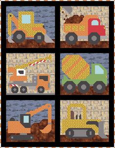 four different pictures of construction vehicles on a patchwork wallpapered background, each with an orange and green truck in the center