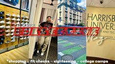 a man standing in front of a store window with shoes on the shelves and behind him is an advertisement for his college campus