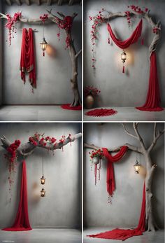 four different shots of a tree decorated with red fabric and flowers, hanging from the branches