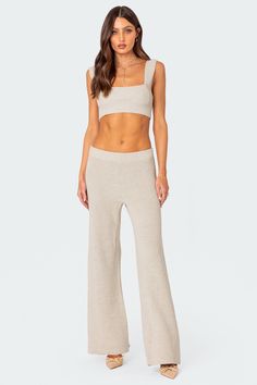 Pants Straight leg Thick stretch waistband Knitted fabric Matching set 100% Cotton Model wears size S Model height is 5'9 Item care: Wash with similar color Knit Bra, Knitted Crop Tank Top, Fabric Matching, Swimwear Dress, Flare Leg Pants, Knit Crop Top, Knit Crop, Knit Pants, Bra Top