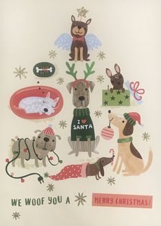 we woof you a merry christmas card with dogs in sweaters and santa hats