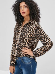 Leopard Button Up Casual Shirt  LEOPARD , #AD, #Button, #Leopard, #Casual, #LEOPARD, #Shirt #Ad Tie Cuff Blouse, Backless Tankini, Cute Blouses For Women, Leopard Shirt, Embroidered Chiffon, Gingham Shirt, Cute Blouses, Plaid Blouse, Basic Shirts