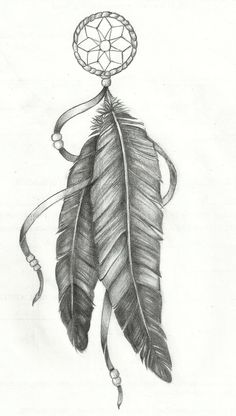 a pencil drawing of a feather with a dream catcher on it's back end