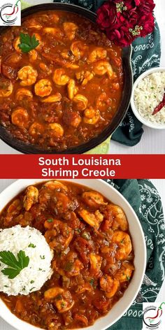 two pictures showing different types of shrimp and rice in red sauce, with the words south louisiana shrimp crockle