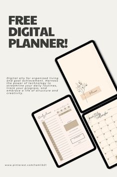 the free digital planner is displayed on an ipad and another tablet with it's cover open