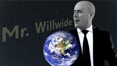 a man in a suit and tie holding up a globe with the words mr willwide on it