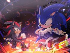 two sonic and shadow characters in front of a dark background with bright lightenings