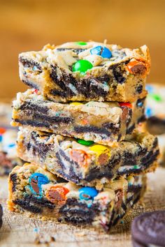 cookies and candy bars stacked on top of each other