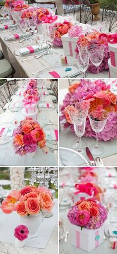 the table is set with pink and orange flowers in vases, napkins, and wine glasses