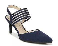 LifeStride Women's Sanya Pump Navy Size 7 M NEW WITH BOX- THE BOX HAS MINOR WEAR - SHOE FEATURES Striped stretch gore strap detail Heel sling strap Soft System comfort package provides all-day support, flex, and cushioning Traction sole provides you with extra stability SHOE CONSTRUCTION Synthetic, fabric upper Manmade lining & outsole SHOE DETAILS Pointed toe Slip-on Padded footbed 2.76-in. heel Lifestride Heels, Pewter Heels, Lifestride Shoes, Navy Pumps, Dress Heels, Beige Heels, Betsey Johnson Shoes, Womens Pumps, Faux Leather Heels