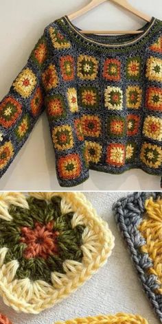 crocheted sweaters with different colors and patterns on them, including one in the middle