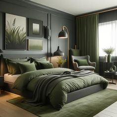 a bedroom with dark walls and green bedding