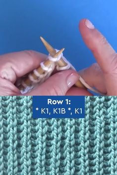 a hand holding a small shell in front of a knitted background with the words row 1 kti, kib, kit