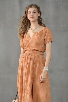 Blouse Puff Sleeve, Blouse With Puff Sleeves, Cake Decorating Set, Retro Skirt, Skirt Pleated, Orange Plaid, Elegant Blouses, Plaid Blouse, Apron Dress