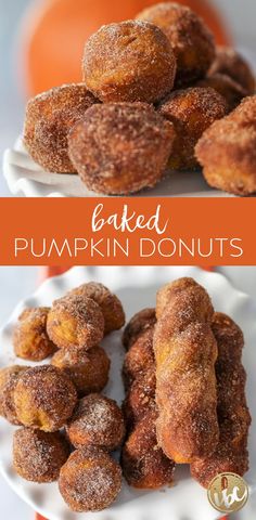 baked pumpkin donuts on a white plate with the words baked pumpkin donuts above them