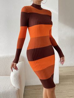 Color Block Mock Neck Sweater Dress Multicolor Casual  Long Sleeve Fabric Colorblock  High Stretch  Women Clothing, size features are:Bust: ,Length: ,Sleeve Length: Patch Work Sweater, Work Sweater Dress, Work Sweater, Fall Stripes, Mock Neck Sweater Dress, Bow Shorts, Dress Sweater, Sweater Dresses, Women Sweater