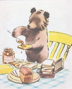 a drawing of a bear sitting at a table eating pancakes with honey in front of him