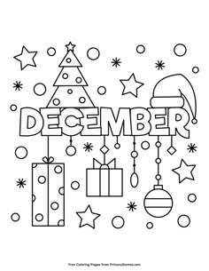 the december coloring page with presents and christmas trees on it's side, in black and