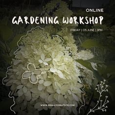 an image of a white flower with the words gardening workshop on it