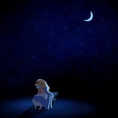 the little prince is sitting in his bed watching the moon go down at night time