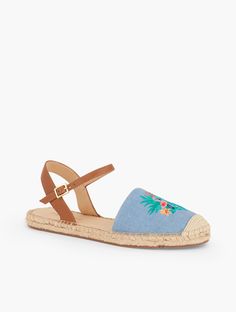 Izzy D'Orsay Embroidered Chambray Espadrille Sandals. The sandal of the season. Made from chambray in a d'Orsay silhouette with playful flamingo embroidery. Features Gift Box/Gift Wrap is not available for this item. Round Toe 1" Heel height Memory foam footbed Imported Material: 100% Cotton | Izzy D'Orsay Embroidered Chambray Espadrille Sandals - 100% Cotton Talbots Flamingo Embroidery, Espadrille Sandals, Box Gift, Sandal Espadrille, Modern Classic, Gift Wrap, Chambray, Flamingo, Memory Foam