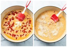 two images showing how to make bacon and cheese in a skillet