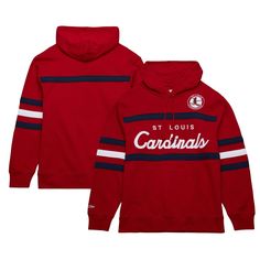 Outdo colder weather in this St. Louis Cardinals Head Coach hoodie. Its design by Mitchell & Ness features a throwback team logo and contrasting stripes that highlight the embroidered lettering. Fleece lining provides this St. Louis Cardinals pullover with a built-in layer of warmth and softness. Hooded Front pouch pocket Machine wash, tumble dry low Officially licensed Pullover Fleece lining Embroidered graphics Imported Long sleeve Material: 80% Cotton/20% Polyester Midweight hoodie suitab Red Cotton Sweats For Winter, Red Team Spirit Hoodie For Streetwear, Red Sporty Sweats For Winter, Red Team Spirit Hooded Hoodie, Red Fall Hoodie For Game Day, Red Team Spirit Hoodie With Long Sleeves, Red Team Spirit Hoodie For Fall, Red Fan Apparel Hoodie, Red Hooded Top For Sports Events