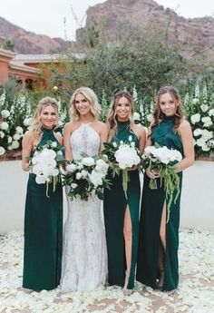 the bridesmaids are all wearing green dresses and holding bouquets in their hands