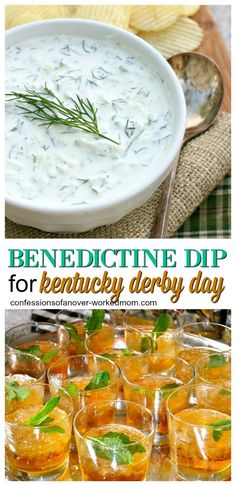 an image of a bowl of soup with herbs on top and the words bened dictine dip for derby glory day