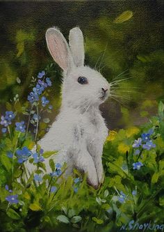 a painting of a white rabbit sitting in the grass surrounded by blue and yellow flowers