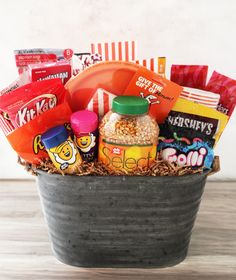 a basket filled with snacks and candy