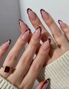 Colorful Bow Nail Art Designs to Match Summer Fashion Trends Coquette Almond Shaped Nails, Girlie Nail Designs, French Tip Nails With Design Fall, Maroon Design Nails, Coquette Fall Nails, Brown Bow Nails, Cute Dainty Nails, Green Bow Nails, Scandi Nails