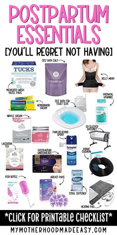 an advertisement for postpartum must haves