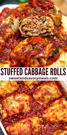 stuffed cabbage rolls in a casserole dish with sauce and parmesan cheese