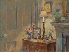 an oil painting of a table with flowers on it and a lamp next to it